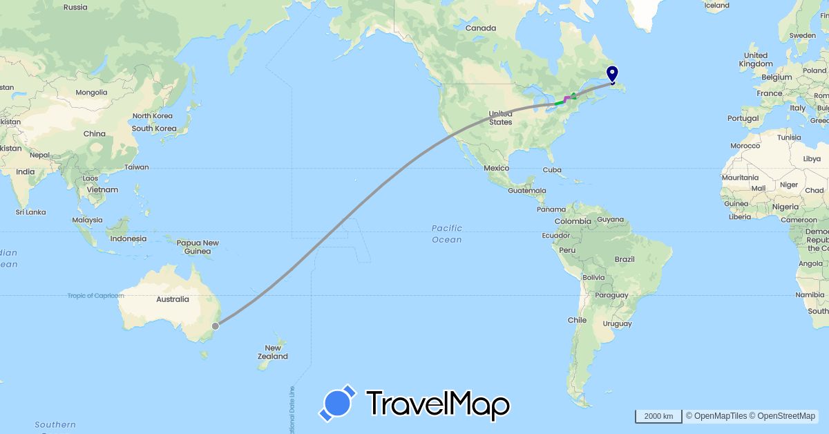 TravelMap itinerary: driving, bus, plane, train in Australia, Canada (North America, Oceania)